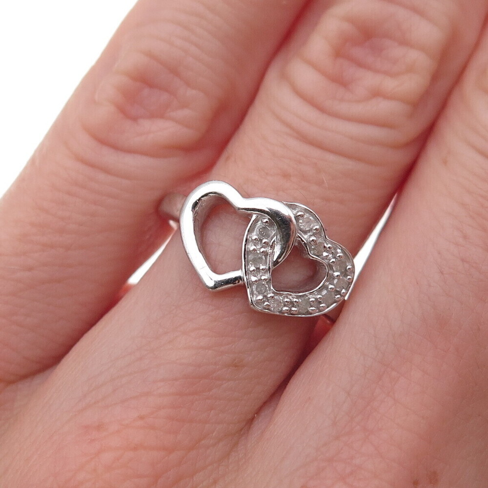 Charles Winston Sterling Silver Real Round-Cut Diamond Couple Heart Ring Size 6